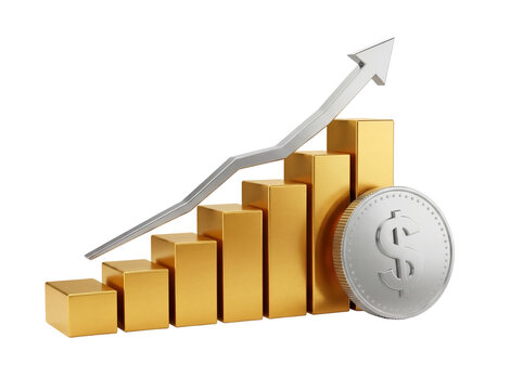 Gold bar graph with silver arrow and dollar coin isolated PNG, financial growth and investment concept on transparent background