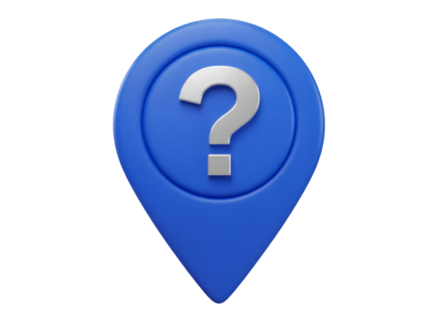 Blue map pointer with question mark isolated PNG, location pin icon for navigation and travel apps on transparent background