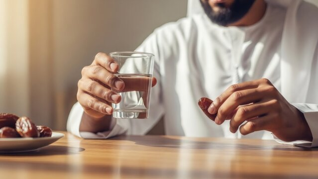 Muslim man breaking fast with water and date fruit on a wooden table. Ramadan Iftar meal concept for healthcare and lifestyle blog.