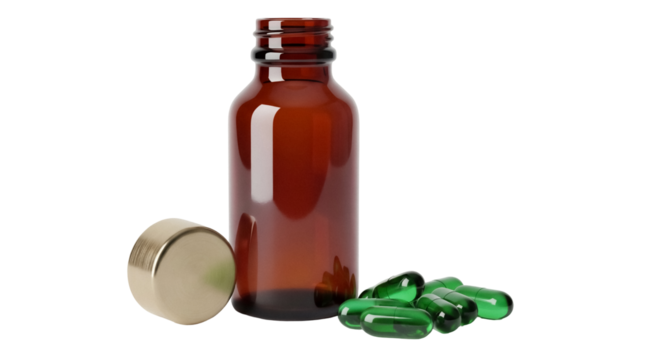 Amber glass bottle with green gel capsules isolated on transparent PNG, medicine container for healthcare and pharmaceutical use