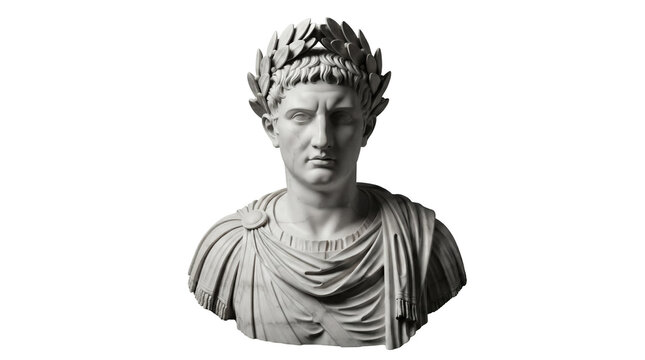 Marble bust of Roman emperor with laurel wreath isolated PNG, ancient sculpture for history and classical art projects