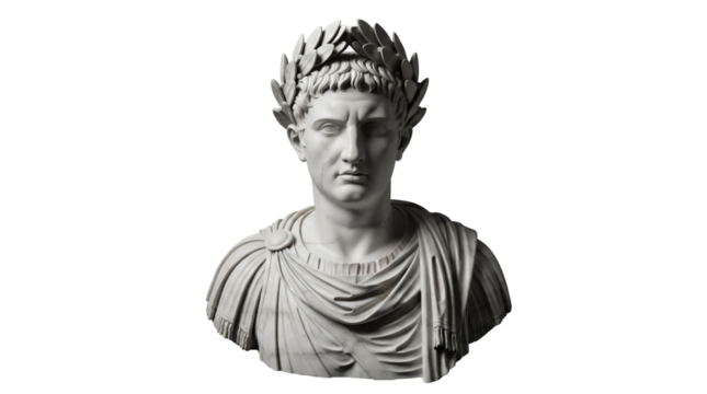 Marble bust of Roman emperor with laurel wreath isolated PNG, ancient sculpture for history and classical art projects