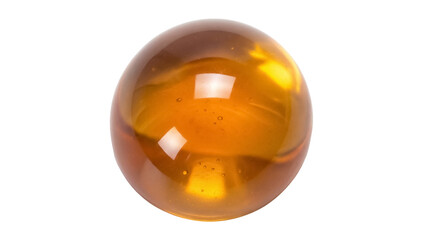 Amber colored glass marble isolated PNG, translucent sphere with internal bubbles on transparent background, decorative element