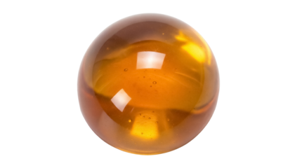 Amber colored glass marble isolated PNG, translucent sphere with internal bubbles on transparent background, decorative element