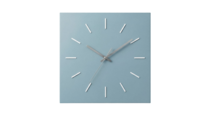 Square light blue wall clock PNG isolated on transparent background, minimalist design for home decor and timekeeping