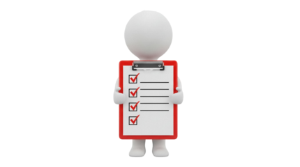 3D stick figure holding a clipboard with check marks isolated PNG, concept of task completion and successful project management