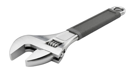 Adjustable wrench isolated PNG, silver metal spanner tool for plumbing and mechanical work on transparent background