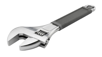 Adjustable wrench isolated PNG, silver metal spanner tool for plumbing and mechanical work on transparent background