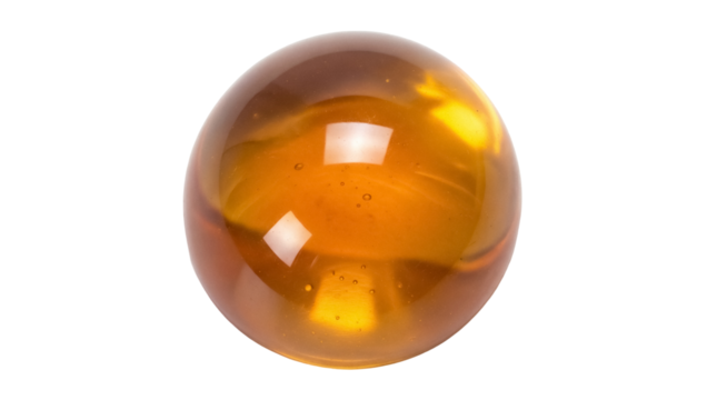 Amber colored glass marble isolated PNG, translucent sphere with internal bubbles on transparent background, decorative element