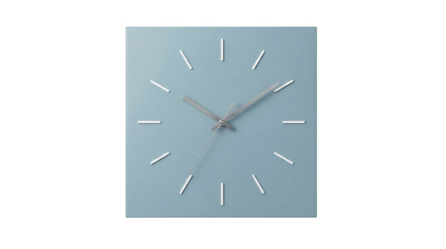 Square light blue wall clock PNG isolated on transparent background, minimalist design for home decor and timekeeping