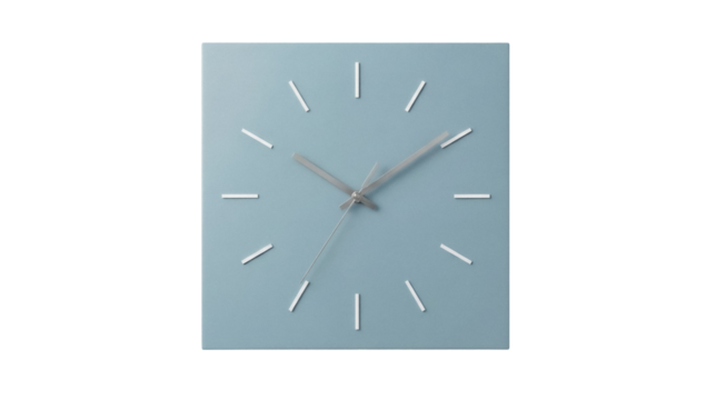 Square light blue wall clock PNG isolated on transparent background, minimalist design for home decor and timekeeping