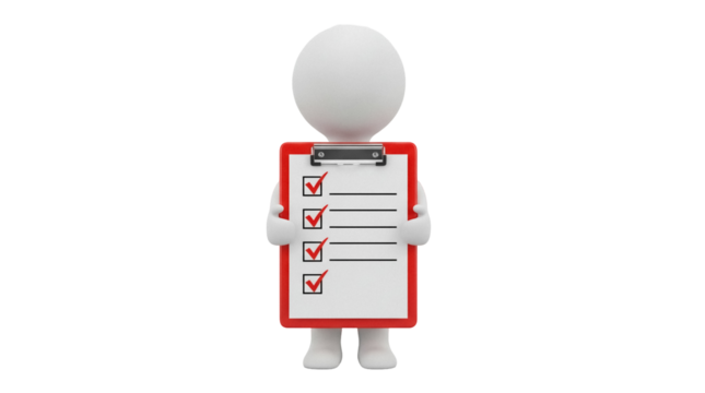 3D stick figure holding a clipboard with check marks isolated PNG, concept of task completion and successful project management