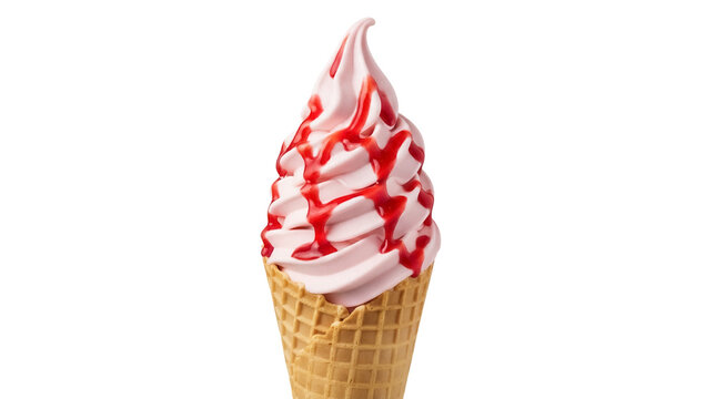 Strawberry soft serve ice cream cone isolated PNG, delicious summer dessert with red syrup on transparent background