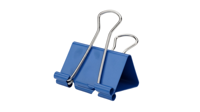 Blue binder clip PNG isolated on transparent background, office supply for holding papers and documents together