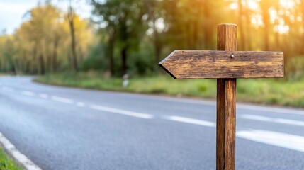 Rustic Wooden Arrow Signpost on Roadside with Autumnal Forest Backdrop and Golden Sunlight.