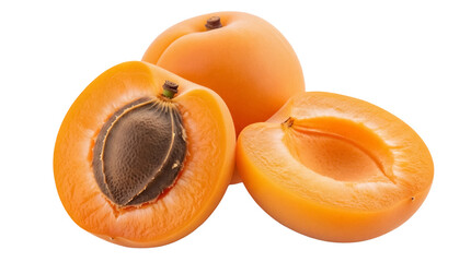 Fresh apricots isolated PNG, cut in half to show the pit, a healthy and delicious fruit for snacks...