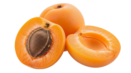 Fresh apricots isolated PNG, cut in half to show the pit, a healthy and delicious fruit for snacks and desserts on transparent background