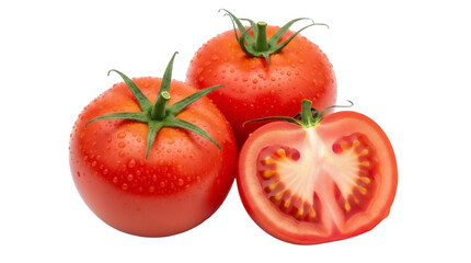 Fresh red tomatoes isolated PNG, whole and halved juicy vegetables with water droplets on transparent background, healthy eating and cooking ingredient