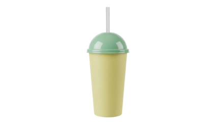 Yellow smoothie cup with green lid and straw isolated PNG, refreshing drink for summer and healthy lifestyle on transparent background