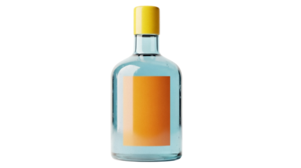 Elegant blue glass bottle with yellow cap isolated PNG, clear liquid container for spirits or essential oils on transparent background