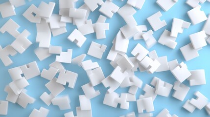 Scattered White Interlocking Pieces on Light Blue Background Minimalist Design.