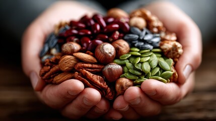 A pair of hands cradles a diverse collection of nuts and seeds, highlighting the natural beauty and variety of healthy snacks while emphasizing sustainability and nutrition.