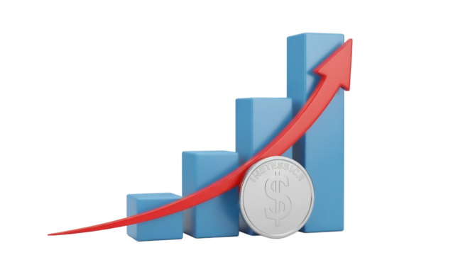Financial growth chart with red arrow and silver coin isolated PNG, business success and investment concept on transparent background