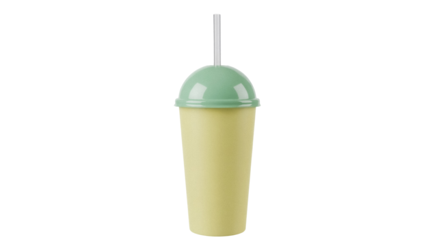 Yellow smoothie cup with green lid and straw isolated PNG, refreshing drink for summer and healthy lifestyle on transparent background