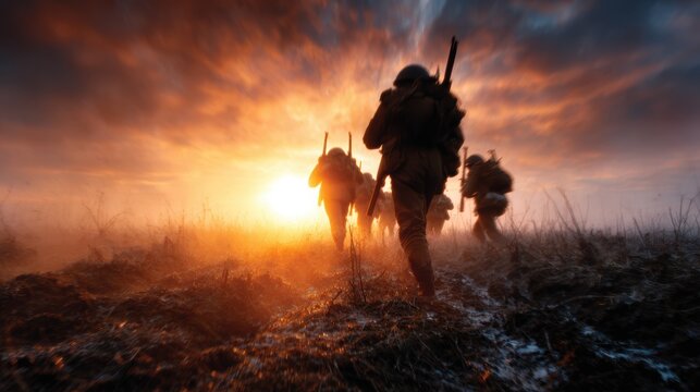 Silhouetted soldiers march resolutely against a dramatic sunset, embodying themes of courage, sacrifice, and human resilience during challenging times in history.