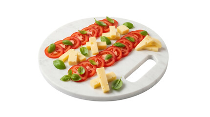 Caprese salad with sliced tomatoes, cheese cubes, and basil leaves isolated on a round board PNG, Italian appetizer for healthy eating and summer cuisine