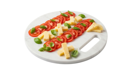 Caprese salad with sliced tomatoes, cheese cubes, and basil leaves isolated on a round board PNG, Italian appetizer for healthy eating and summer cuisine