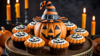 Stunning Halloween pumpkin cake centerpiece surrounded by festive jack o'lantern cupcakes and glowing candles