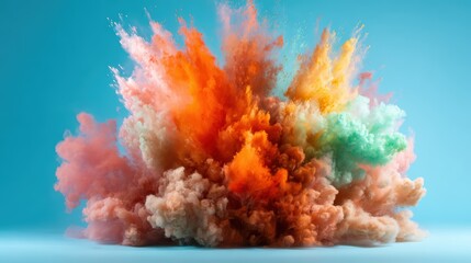 An expressive and dynamic explosion of colorful smoke on a blue backdrop, creating a visually stunning abstract art piece that evokes feelings of creativity, motion, and energy.