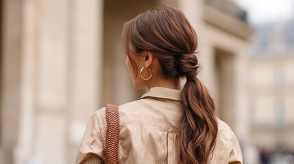 Woman with long hair styled in a ponytail walks through a city street on a sunny day