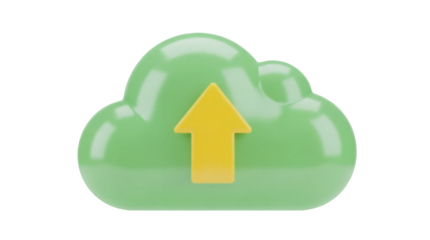 Green cloud with yellow arrow PNG isolated on transparent background, upload icon for cloud storage and data transfer
