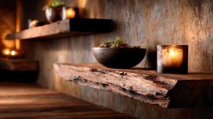 A warm, inviting scene showcasing elegantly arranged wooden shelves adorned with candles and greenery, creating a cozy and tranquil atmosphere ideal for relaxation or meditation.