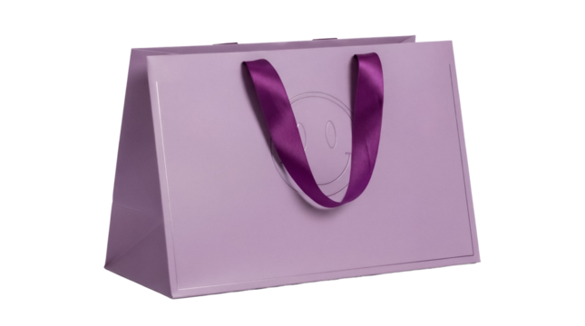 Lilac shopping bag with purple handles isolated PNG, elegant gift bag for retail and branding on transparent background