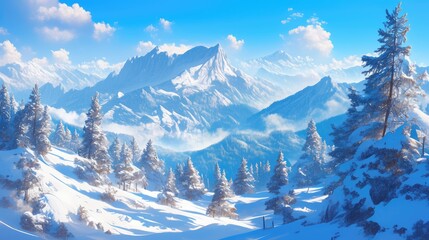 Snowy mountain landscape with frosty pine trees in the foreground and distant blue peaks under a clear winter sky, creating a peaceful nature scene.	