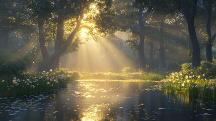 Morning sun breaks through trees in tranquil forest pond, casting golden light and soft reflections on water, creating peaceful and serene atmosphere