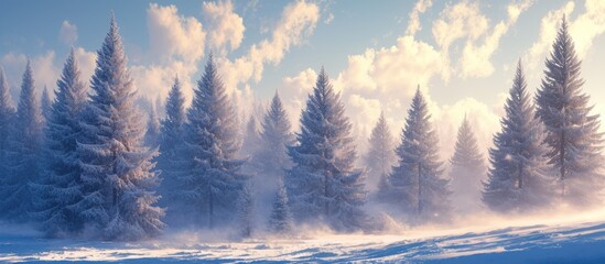 Snowy mountain landscape with frosty pine trees in the foreground and distant blue peaks under a clear winter sky, creating a peaceful nature scene.	
