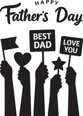 Happy fathers day celebration concept with black silhouette hands holding various signs like best dad and love you, isolated on icon on