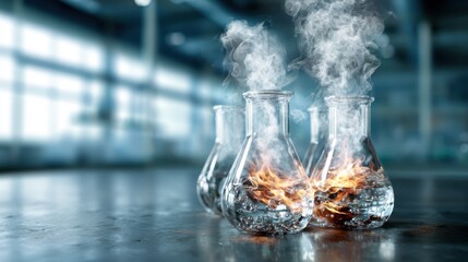 A visually striking display of laboratory flasks filled with bubbling solutions creates captivating smoke effects, demonstrating the excitement and mystery of scientific experimentation.