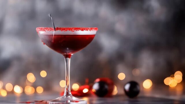 Halloween cocktail with bat decor and red sugar rim against festive lights