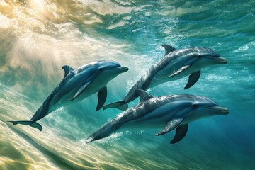 Obraz premium Dolphins swimming gracefully ocean waters wildlife photography underwater scene dynamic perspective marine life exploration