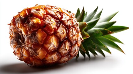 An enticing, fresh pineapple with a vibrant texture sits on a clean, white surface, highlighting its natural beauty and juicy allure for fruit lovers and culinary enthusiasts.