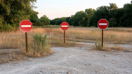 Three Red No Entry Signs Blocking a Gravel Path in a Field.