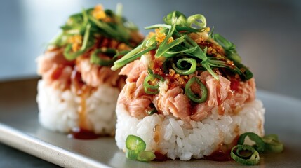 Delicious gourmet sushi topped with fresh salmon and vibrant green onions served elegantly on a plate, showcasing the art of culinary creativity and presentation.
