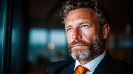 A thoughtful businessman gazes out a window, embodying ambition and introspection in a sleek, modern environment that reflects contemporary professional life at its finest.
