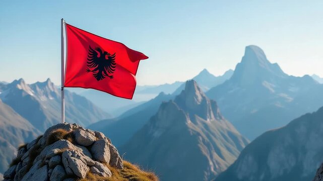 Video A red flag placed at the summit of a mountain, surrounded by snow-capped peaks