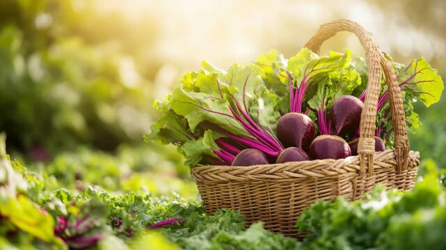 Purple radishes in a woven basket, surrounded by leafy greens.